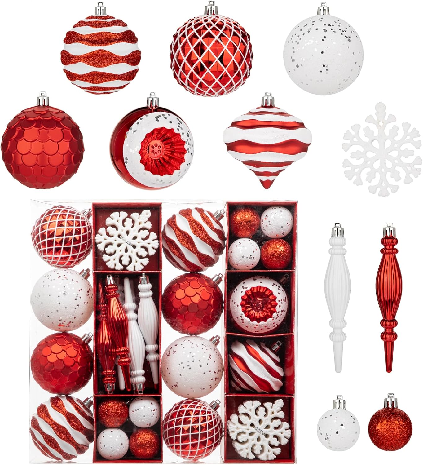 50pcs Red & White Christmas Baubles