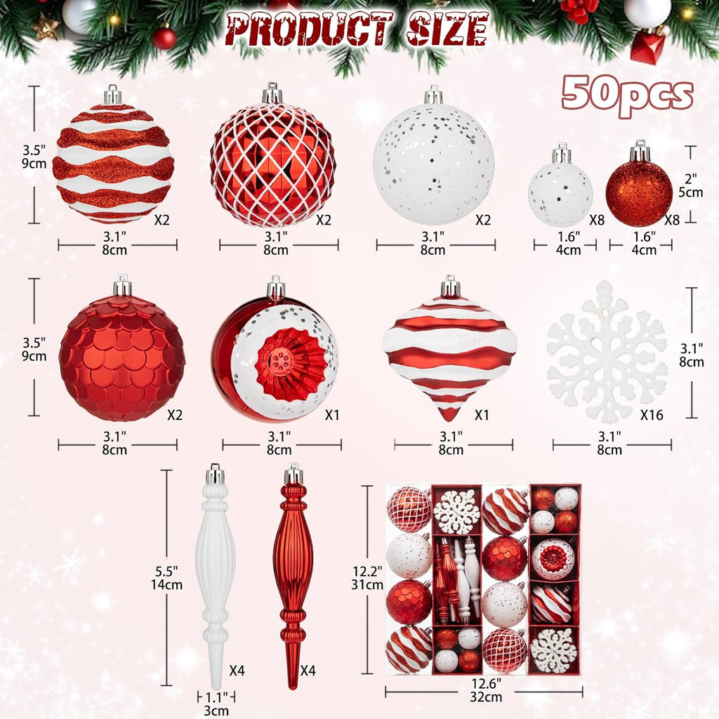 50pcs Red & White Christmas Baubles