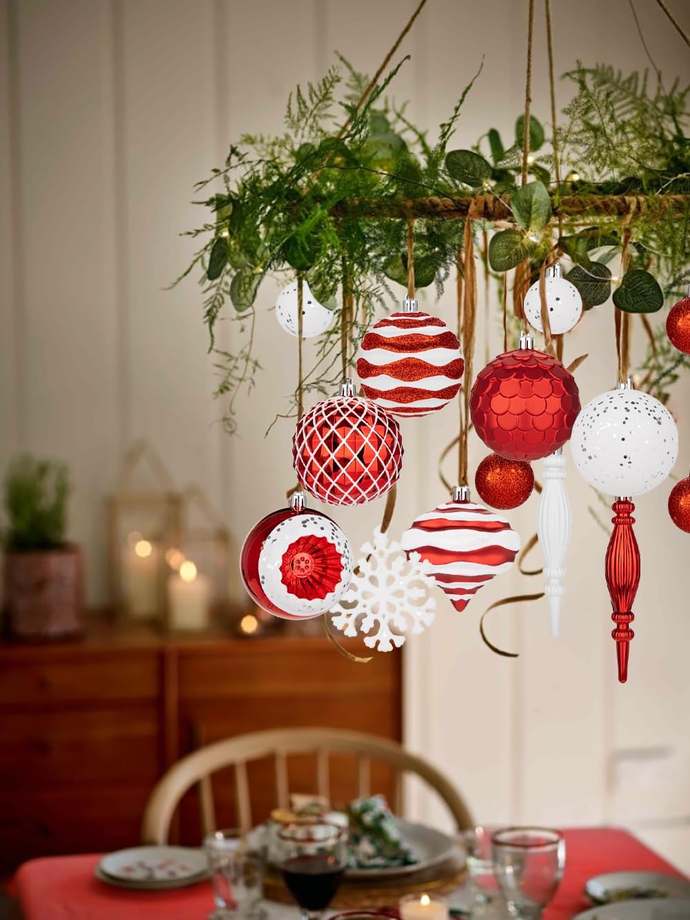 50pcs Red & White Christmas Baubles