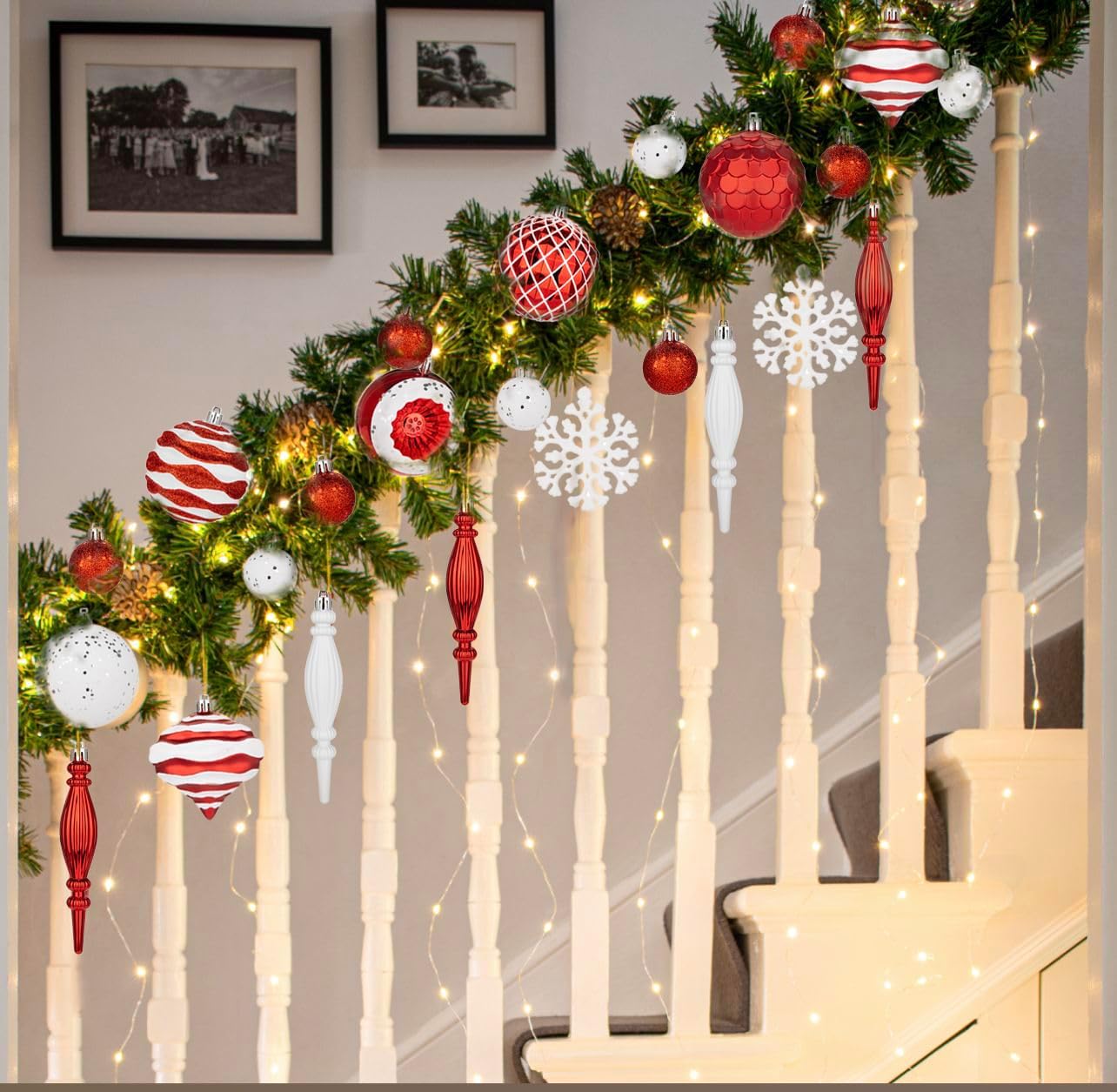 50pcs Red & White Christmas Baubles